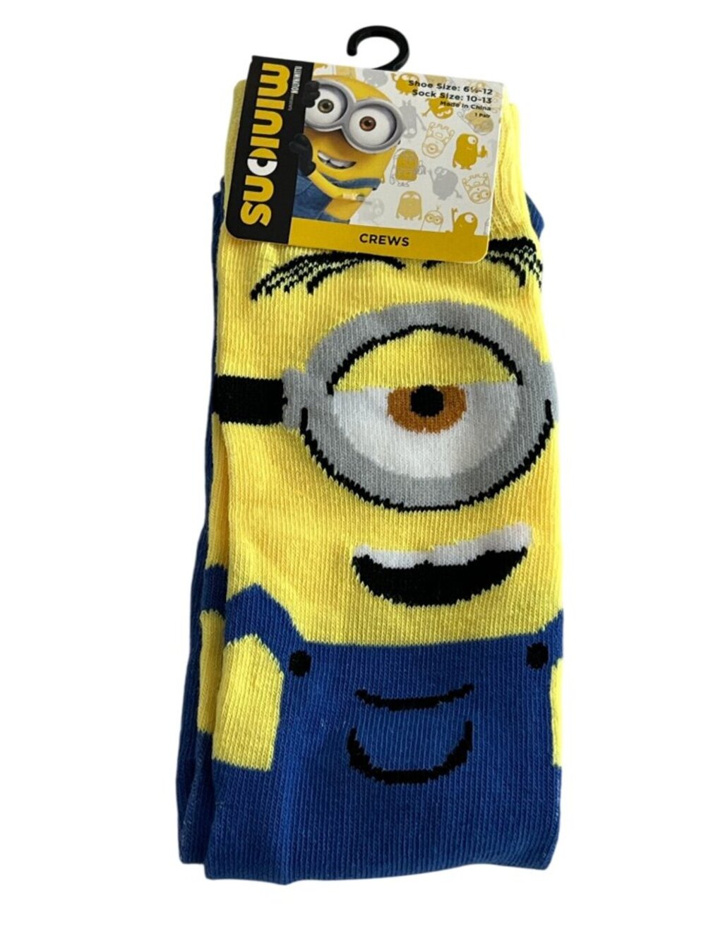 Yellow One Eyed Character Crew Socks Men's Funny Novelty Gift Size 10-13